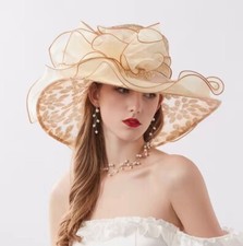 Wide Brim Organza Sun Hat OS With Glitter.Large Organza Flower. Church/Wedding