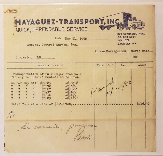 VTG COMMERCIAL INVOICE / MAYAGUEZ TRANSPORT / PUERTO RICO 1956 eBay