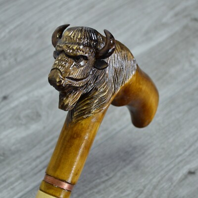 Cane Walking Stick Wooden carved Handmade - Buffalo, Bison /  UK