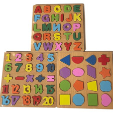 Set Of 3 Wooden Montessori Puzzles For Toddlers, - Alphabet, Numbers, 