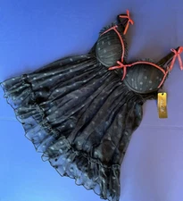René Rofé lingerie ✨ Babydoll ~ Lingerie   Black / Red-Dot  Trim   sz Small  NEW