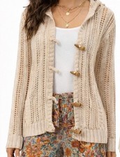 Beige Open-Knit Hooded Cardigan Sweater Toggle Button Long Sleeve Women