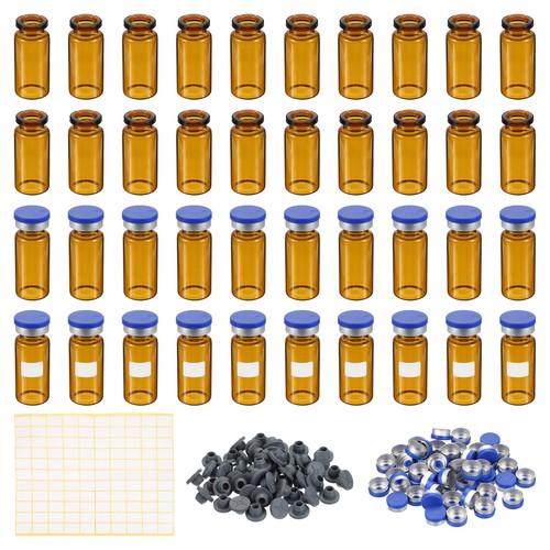 10ml Sample Vials, 100pcs Lab Empty Vials with Rubber Stopper Caps Labels, Amber - Afbeelding 1 van 5
