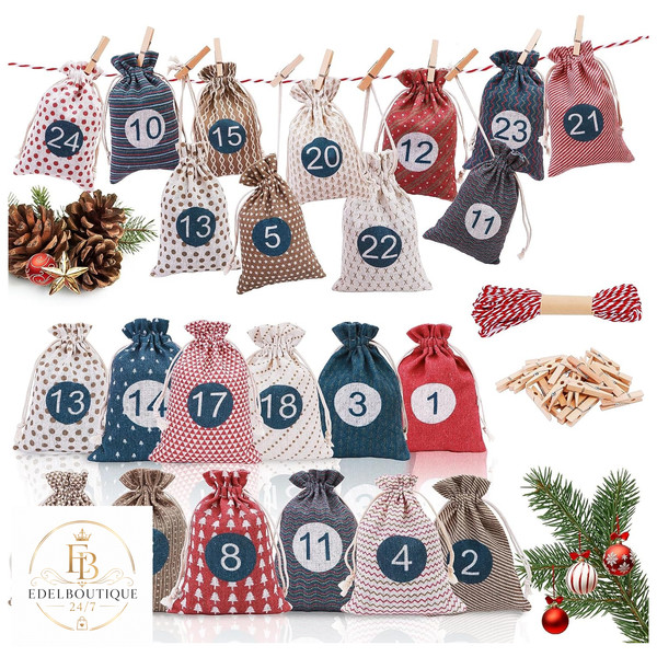 Adventskalender Stoff 24 Bedruckte SäCkchen Zum BefüLlen Weihnachten Geschenk-image