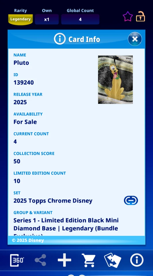 Topps Disney Collect LEGENDARY 2025 LE Chrome Black Mini Diamond PLUTO 10cc - Image 2 of 2