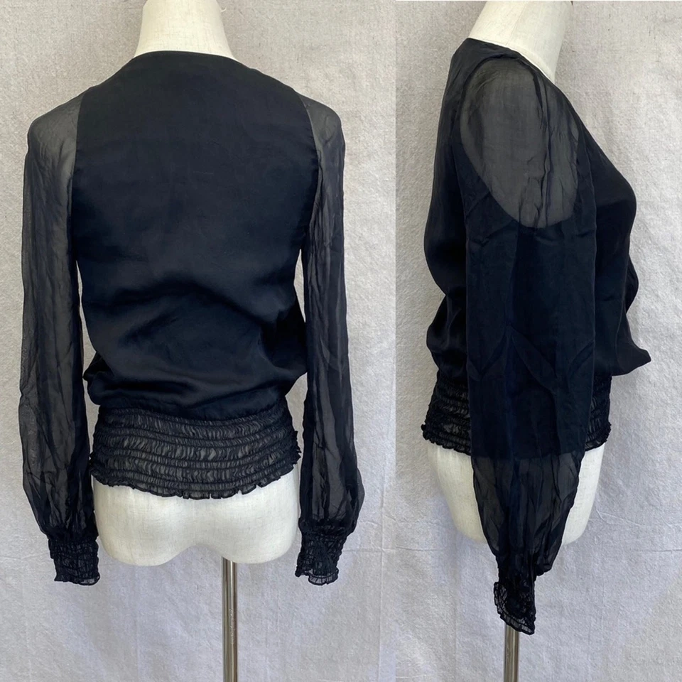 Halston Heritage Top campesino sobrepelliz de seda negro con banda/puños ajustados talla 0 Foto 3 de 4