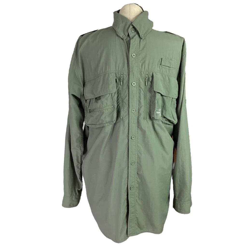 Cabelas Shirt Men LT Green Guidewear Long Sleeves Pockets Vented Fishing Nylon