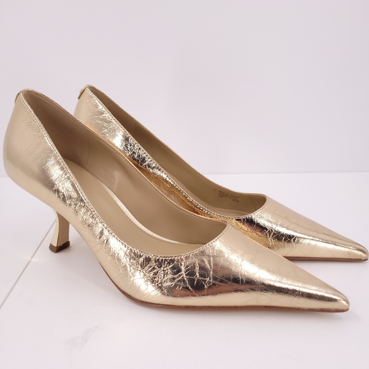 Michael Kors Luna Mid Pump Pale Gold Met Crush Leather Kitten Heel
