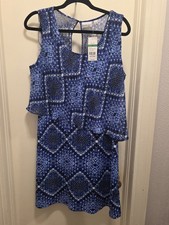 Kim Rogers Navy White Abstract Geometric Sleeveless Shift Dress - Size L Coastal