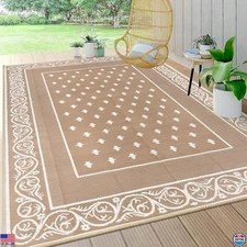 Pauwer 9x12 Waterproof Reversible Outdoor Rug - Beige Plastic Mat for Patio, RV
