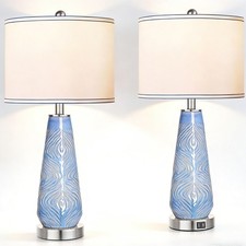 Table Lamps 27'' Set of 2 Modern Blue Glass w USB Port 3-Way Living Room Bedroom