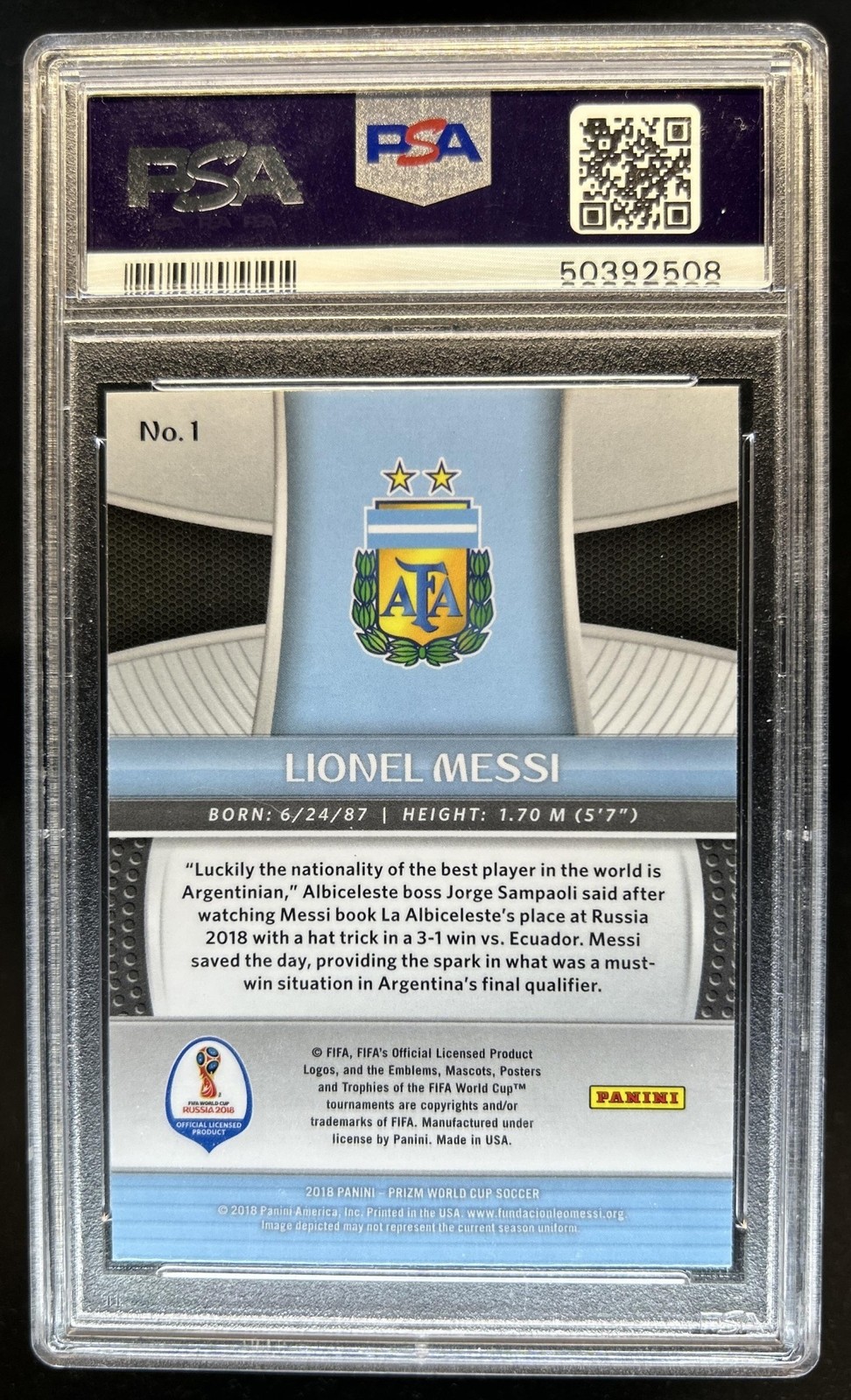 2018 Panini Prizm World Cup Lionel Messi #1 Argentina PSA 10 GEM MINT view 2