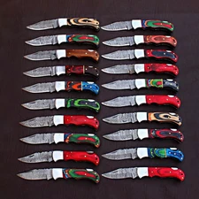 LOT OF 20PCS OF CUSTOM FOLDING KNIVES, COLORED WOOD HANDLE WITH LEATHER SHEATH