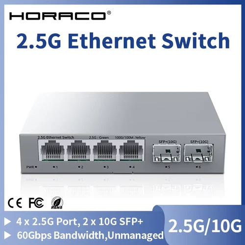 HORACO 2.5Gb 4-Port RJ45 + 2-Port 10G SFP+ Fanless Unmanaged Network Switch