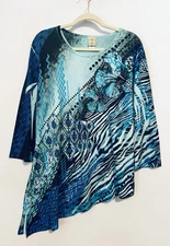 Jess and Jane Top Womens Large Aqua Blue Aquatic Floral Artsy Asymmetrical Hem