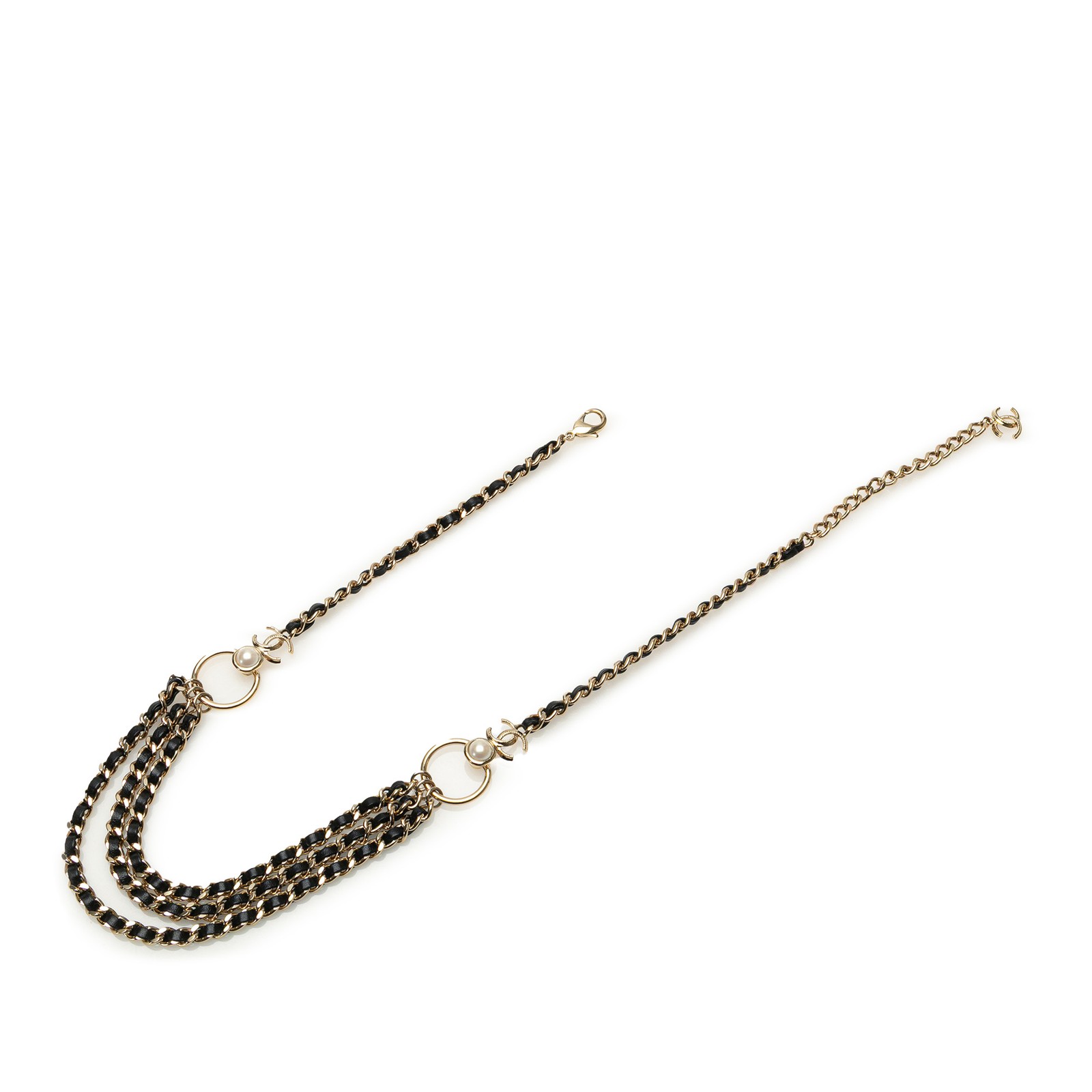 Chanel Gold Plated CC Pearl Leather Woven Triple Chain Strap Belt