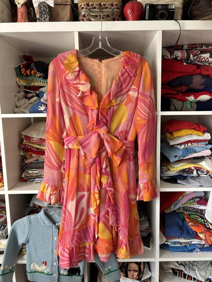 Mini Vestido Floral Psicodélico Rosa Vintage Años 60 Años 70 Mod Hippie Gogo S 💘 Foto 2 de 4