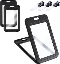 3 Pack ID Badge Holder with Plastic Clip, Double-Sided Clear Vertical Black 