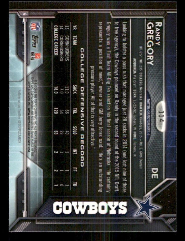 2015 Topps Chrome Mini Refractors #114 Randy Gregory - Image 2 of 2