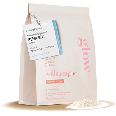 Glow25  Collagen Plus Pulver [450g] Kollagen Hydrolysat mit Vitamin C Zink und