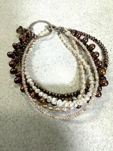 Multi Strand Freshwater Pearl Bracelet Sterling Toggle Brown Ivory