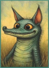 ACEO 2.5x3.5 watercolor painting - cat kitten croco fantasy surreal