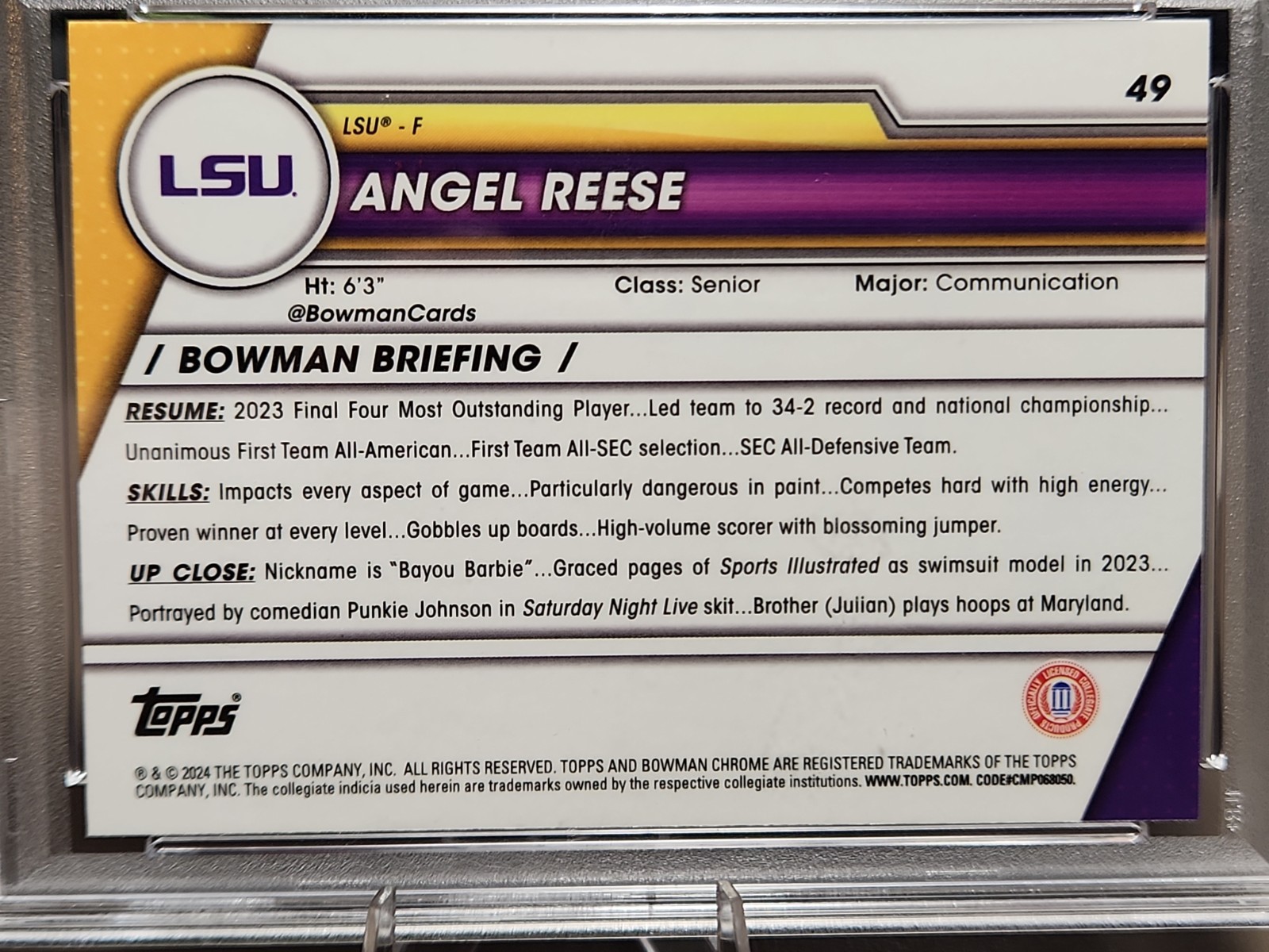 2023 Bowman U Chrome Angel Reese RC #49 PSA Gem Mint 10 LSU Tigers WNBA view 2