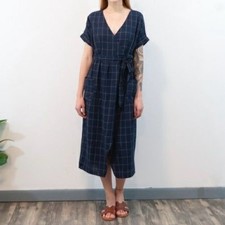 Mittoshop Dress Faux Wrap Navy Blue Pockets Short Sleeves Size Small Windowpane