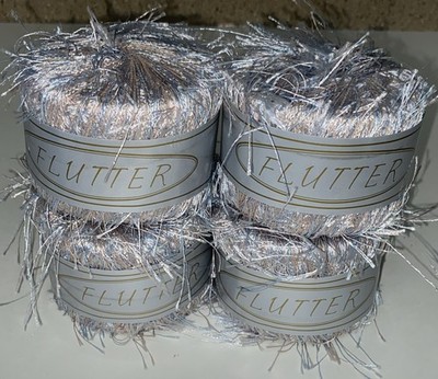 Lot of 4 Flutter Eyelash Yarn Skeins Color #61 Silver W/ Hint Blue/Pink 75 yds