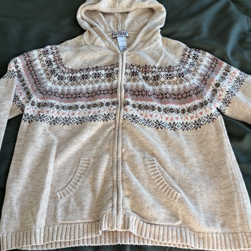 Vintage Tiara International Pink and Tan Fair Isle Full Zip Sweater Size L - Picture 3 of 5