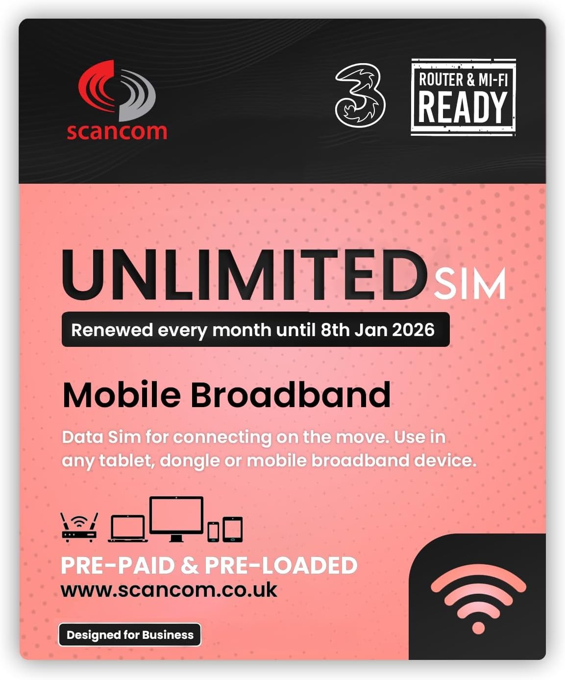 Three Unlimited Data SIM - Uncapped 5G - Preloaded MONTHLY Until January... 