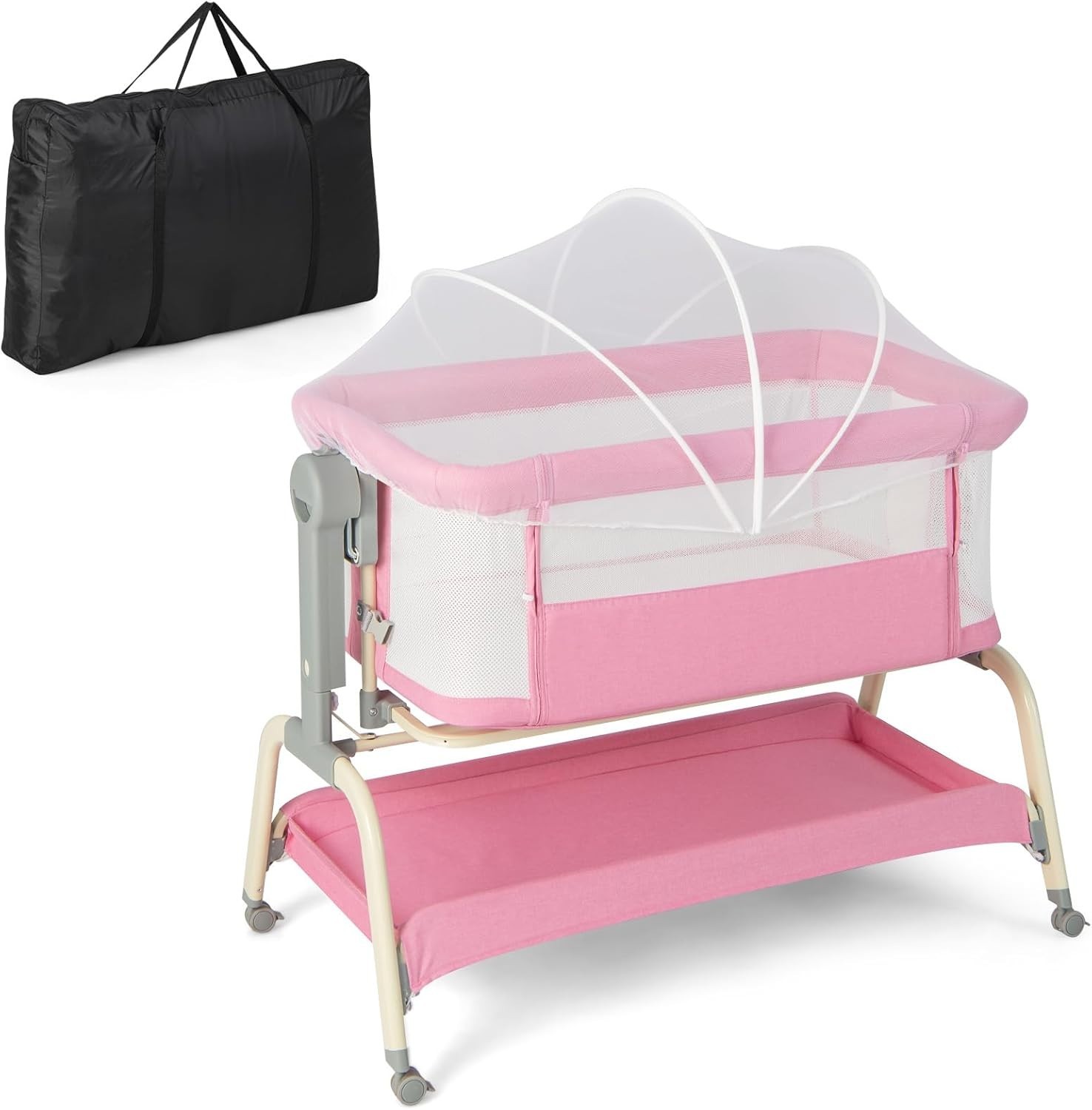 4in1 Baby Bedside Crib Adjustable Rocking Bassinet with Mattress & Storage Pink