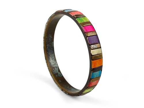 VINTAGE MULTI COLOR STRIPE ENAMEL INLAY BRASS BANGLE BRACELET HIPPIE BOHO - Picture 8 of 9