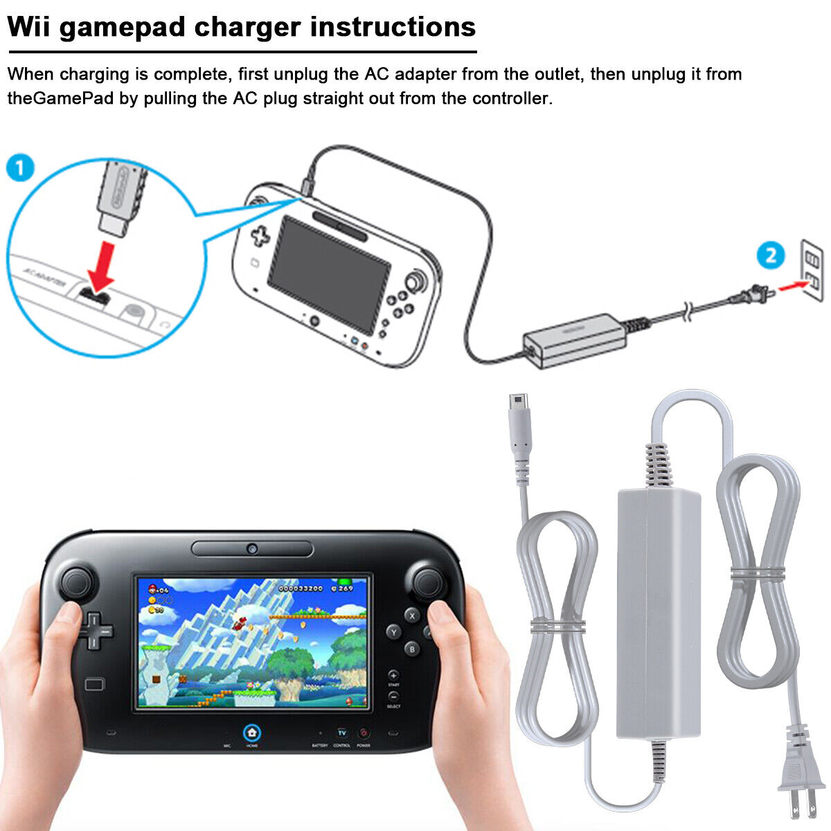 Power Supply AC Adapter Charger for Nintendo Wii U Console Gamepad US Plug