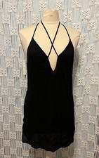 Victoria Secret Black Cross Strap Plunge  Lace Slip Chemise