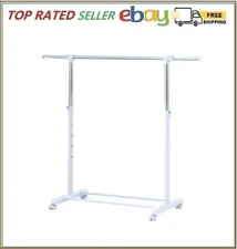 Clothing Rail Adjustable Height Wheels Rolling Garment Rack Metal Chrome, White
