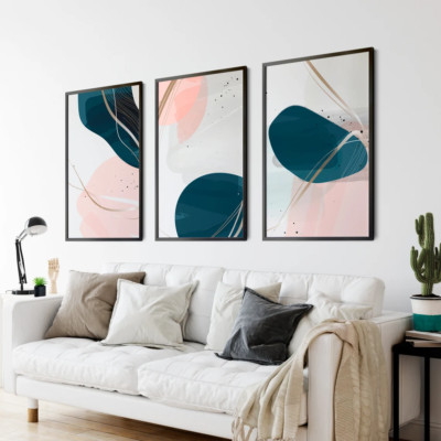 Set Of 3 Navy Blue Blush Pink Abstract Minimalist Watercolor Wall Art ...