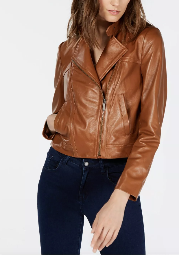 Michael Kors Women Luggage Real Leather Moto Jacket Size 1X NWT 260