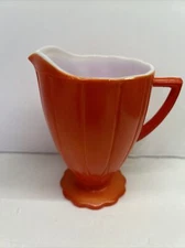 Hazel Atlas Moderntone Platonite Creamer Coral Orange & White 4” 1940’s