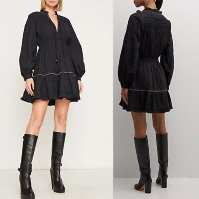 NWT Figue Rayne Long Sleeve Ruffle Black Embroidered Cotton Dress Size:  Medium | eBay
