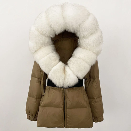 Winterjacke Damen echt Fuchspelz Kapuze dick warm weiß Entendaunenmantel - Bild 20 von 35