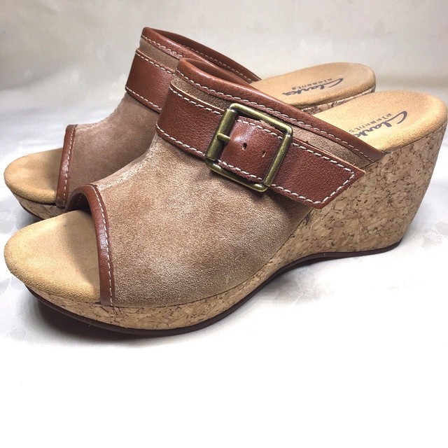 Clarks Elements Brown Suede Slip On Open Toe Casual Mule Wedge Women's