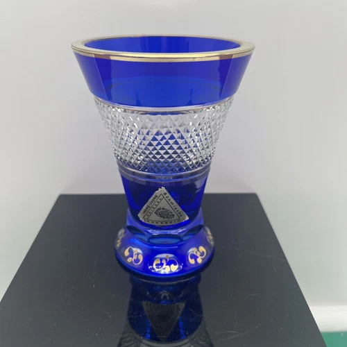 Vintage Bohemian Czech Cobalt Blue Cut To Clear Mini Vase 4.5”