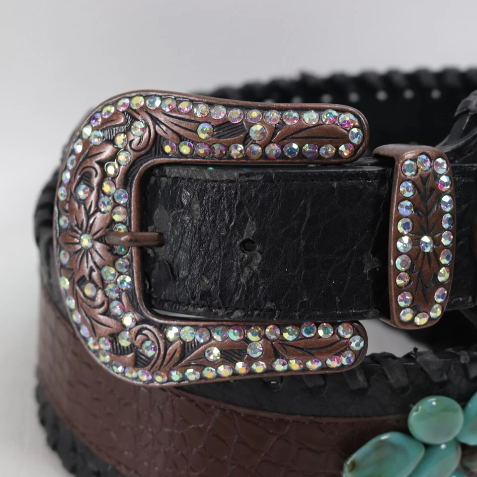 Cinturón de cadera Western Bling ML cuero marrón borde de punto de látigo imitación turquesa grueso Foto 2 de 4