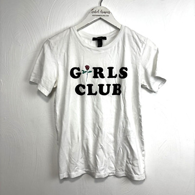 Girls Club T-Shirt White Short Sleeve Rose Forever 21 Tee Casual Cute Womens S