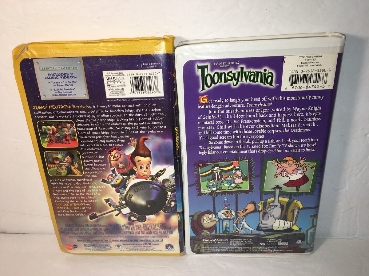 2 VHS Toonsylvania & Jimmy Neutron Boy Genius Dreamworks Spielberg