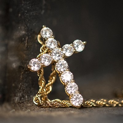 Mens Woman Cz Small Iced Gold Mini Cross Pendant Necklace - Main Image