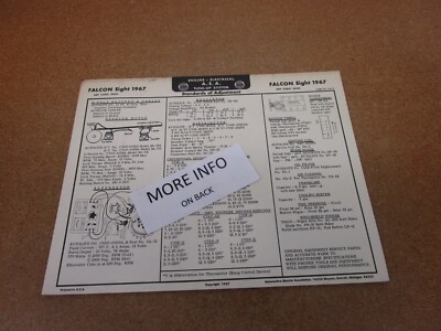1967 Ford Falcon V8 engine 302 cubic inch AEA tune up chart spec sheet ORIGINAL