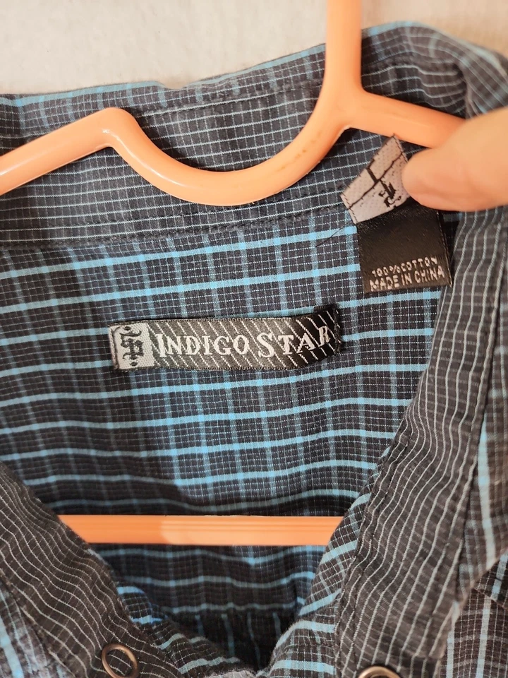 Indigo Star 蓝色格子短袖纽扣前衬衫男式 L — 第 3/4 张图片