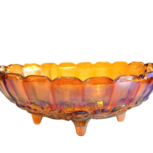 VTG Indiana Iridescent Carnival Glass Fruit Bowl Oval Harvest Grape Amber Footed